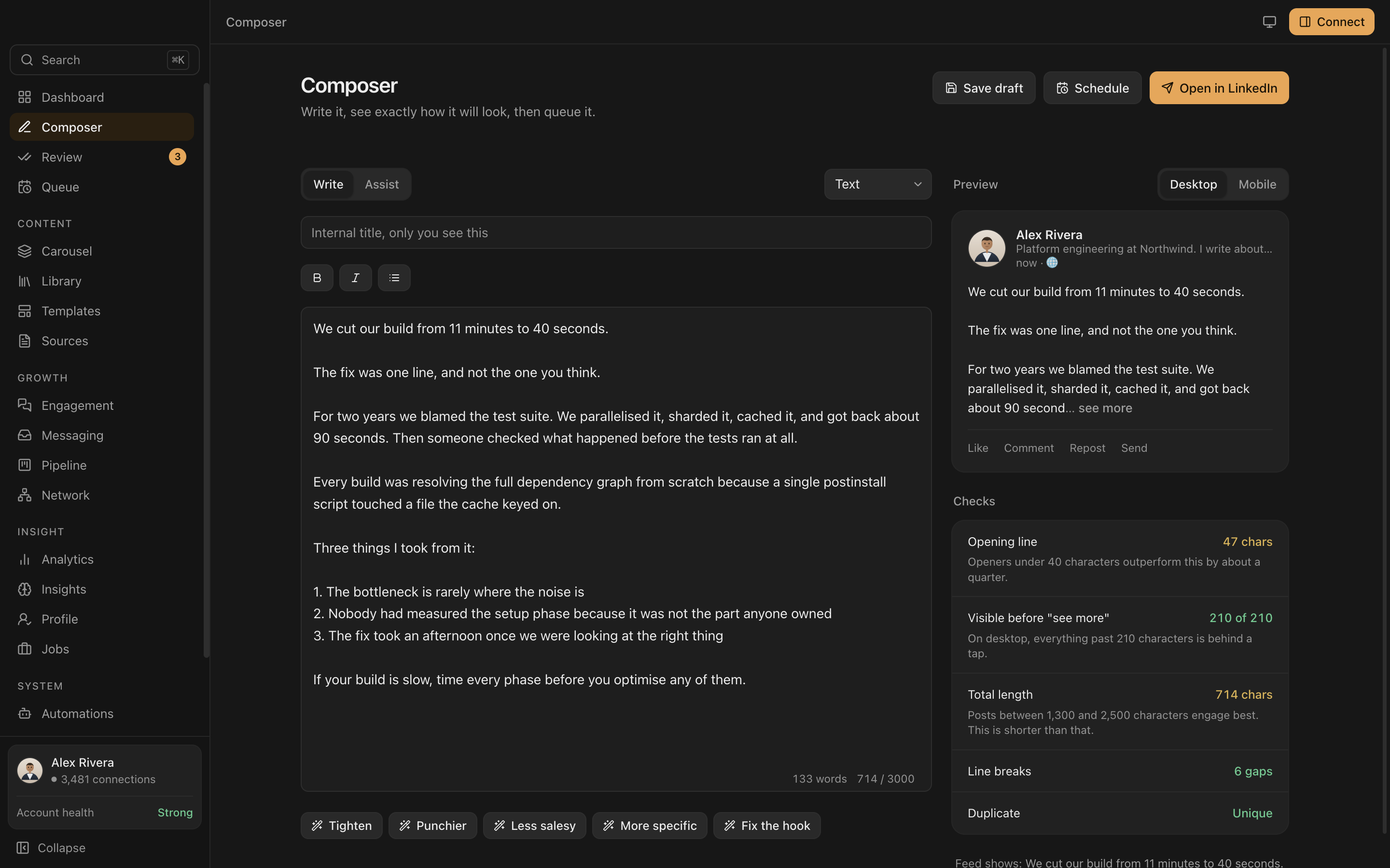The Everpost composer, showing a LinkedIn post beside a live feed preview with the see more cut marked.