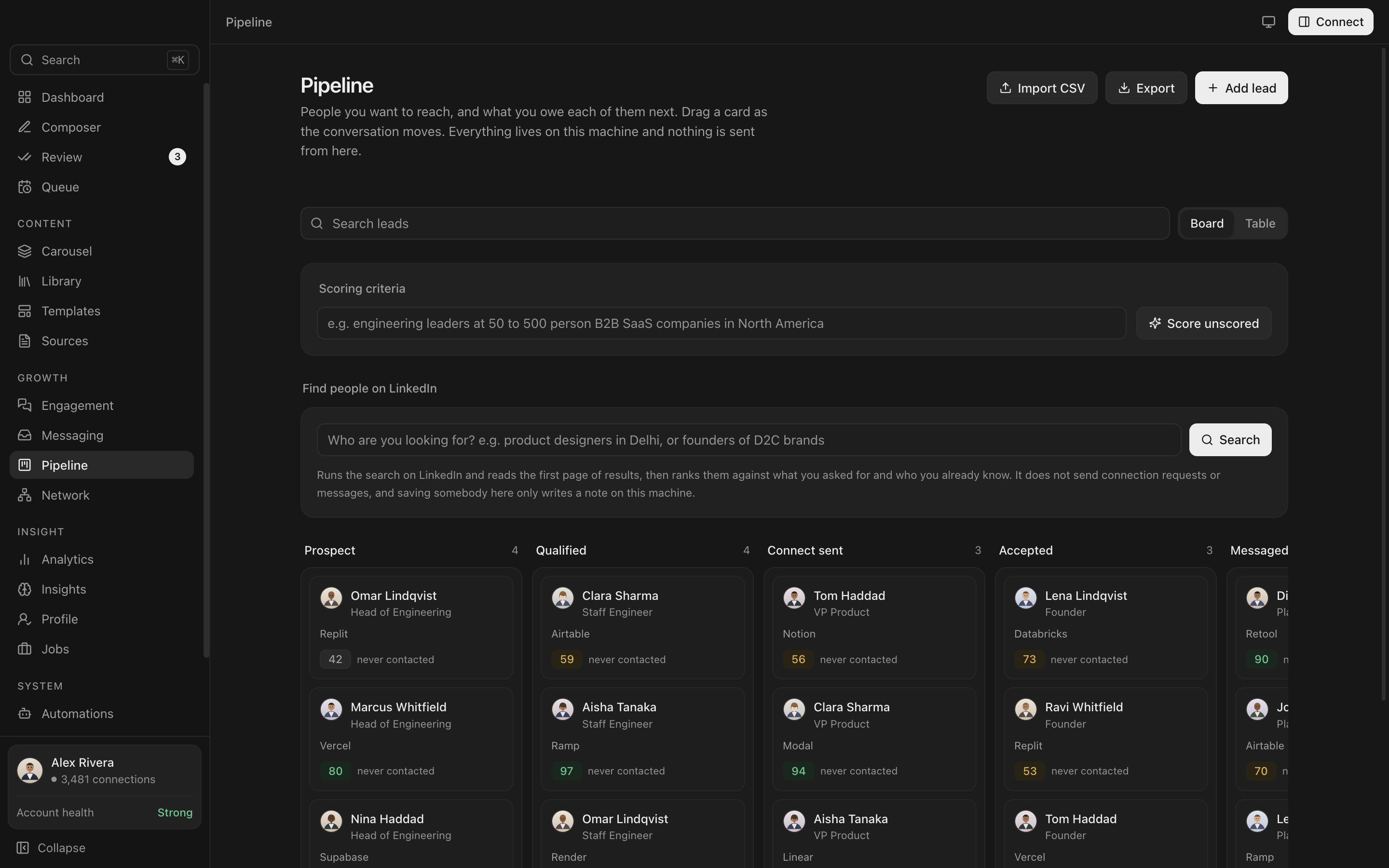 The Everpost pipeline CRM, with LinkedIn connections as cards dragged between stages.