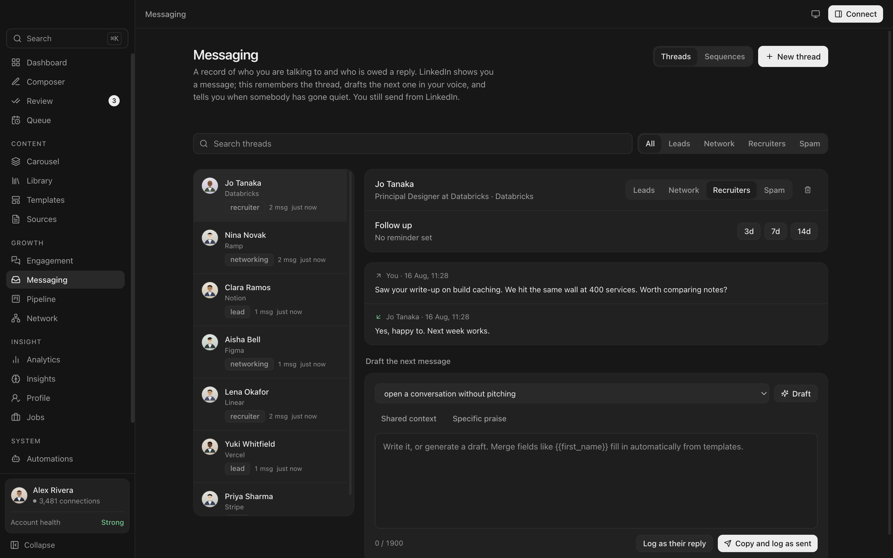 Everpost messaging, showing a LinkedIn thread with its full history and a follow-up reminder.