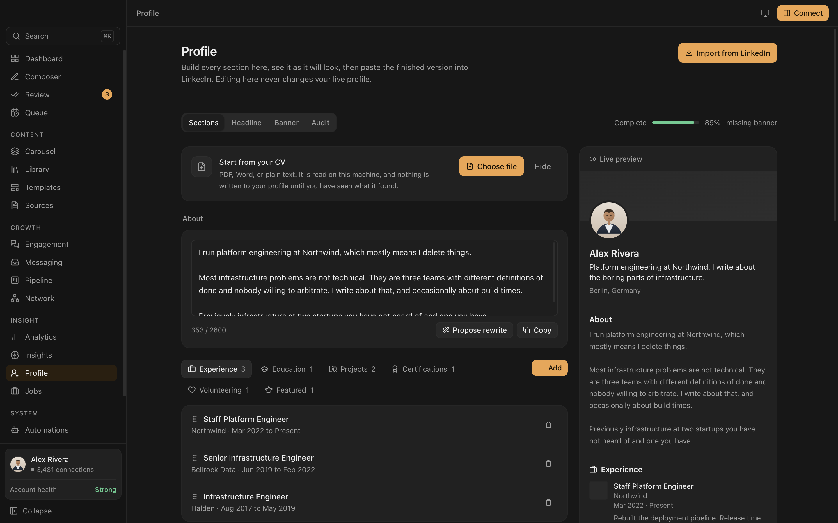 The Everpost profile builder with the CV import card, showing extracted experience ready to review.