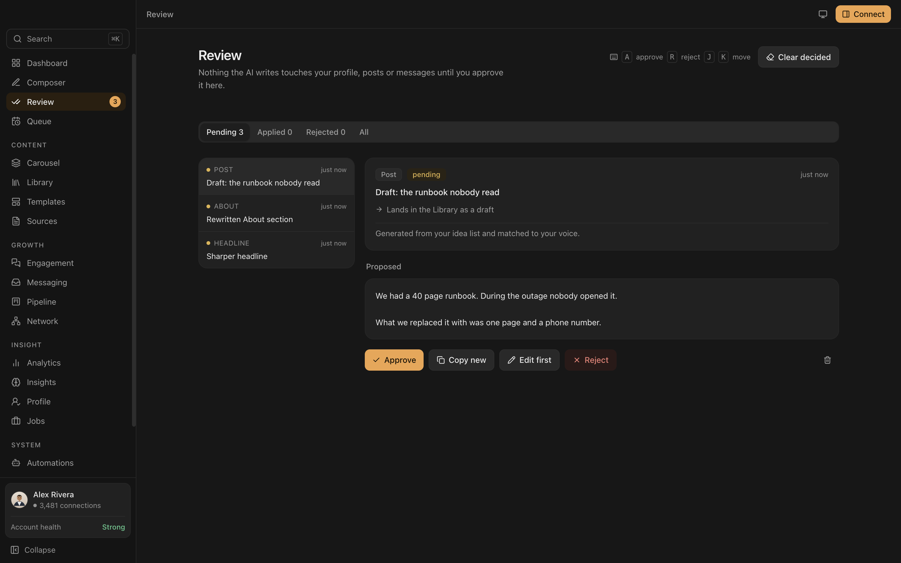 The Everpost review queue, showing a word-level diff of an AI profile suggestion awaiting approval.